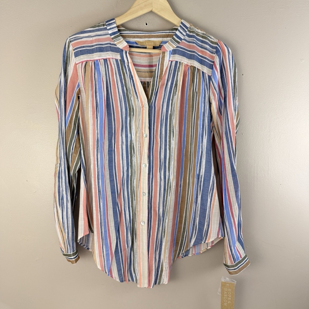 Hope & Harlow Ladies‎ Striped Tie Front Button Down Shirt S Roll Tab Sleeve NWT